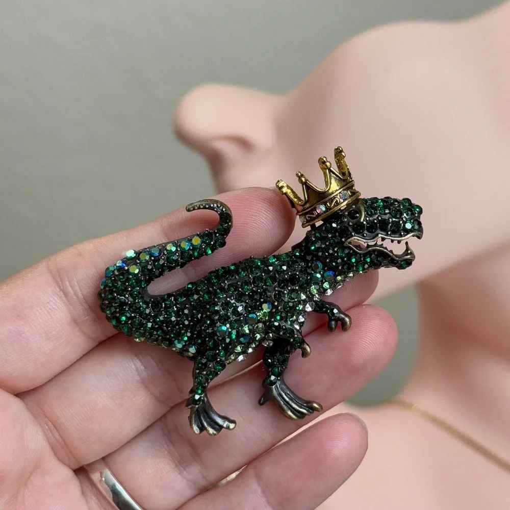 🦖⚜️ Green Zirconia Dinosaur Brooch with Gold Crown 👑